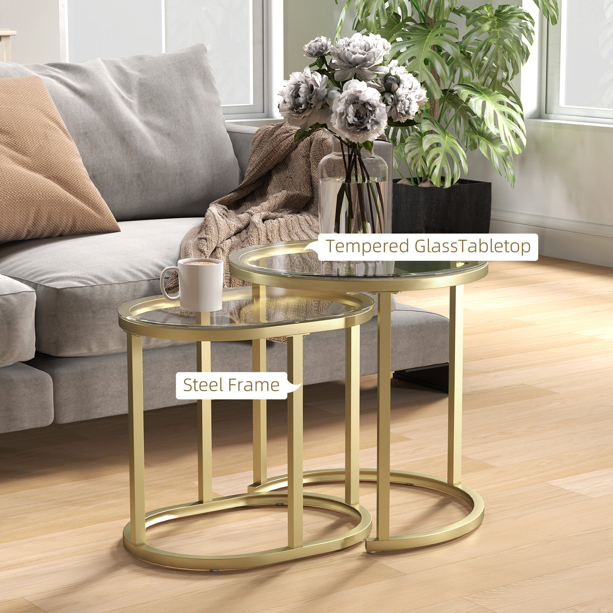 HOMCOM Nest of Tables with Steel Frame and Tempered Glass Tabletop, Modern Coffee Table Set of 2, Clear