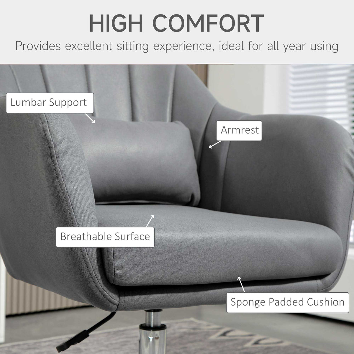 HOMCOM Swivel Accent Chair, Microfiber Cloth Tub Vanity Chair, Modern Armchair with Adjustable Height and Lumbar Support for Living Room Bedroom Salon Make up Room Dressing Table, Dark Grey