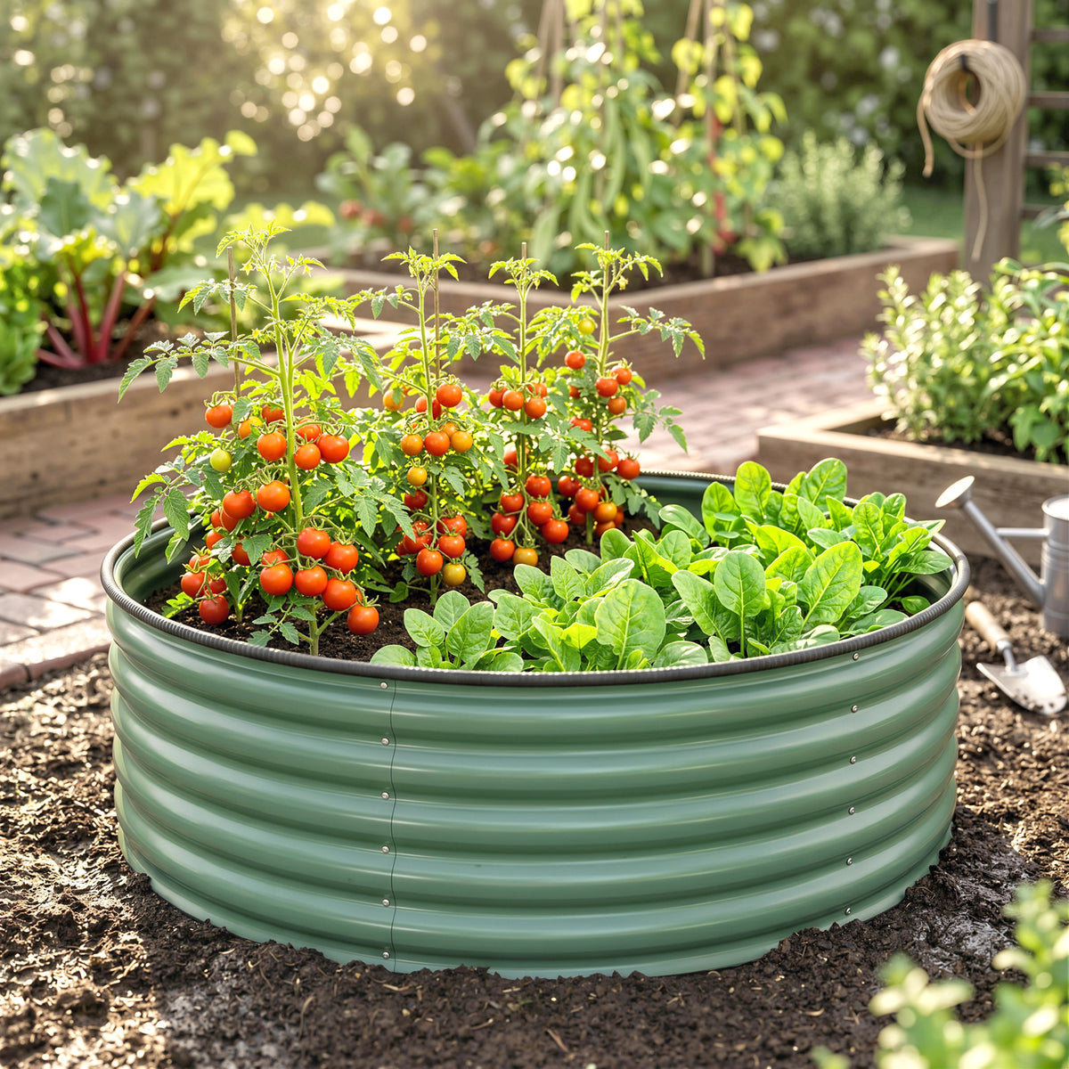 Outsunny Galvanised Raised Garden Bed with Safety Edging, Outdoor Raised Planter Box with Gloves, 120 x 120 x 43cm, Light Green