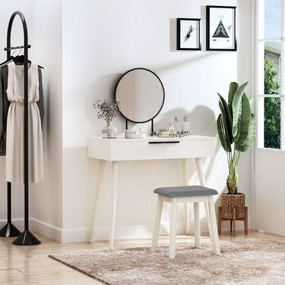 HOMCOM Modern Dressing Table with Round Mirror and Stool, Makeup Vanity Table with 2 Drawers for Bedroom, Living Room, 80 x 40 x 123 cm, White
