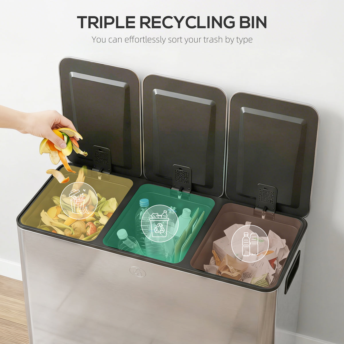 HOMCOM 3 x 20L Pedal Bin, Steel Triple Kitchen Bin with Soft Close Lid, Removable Inner Buckets, Fingerprint-Proof, Silver Tone