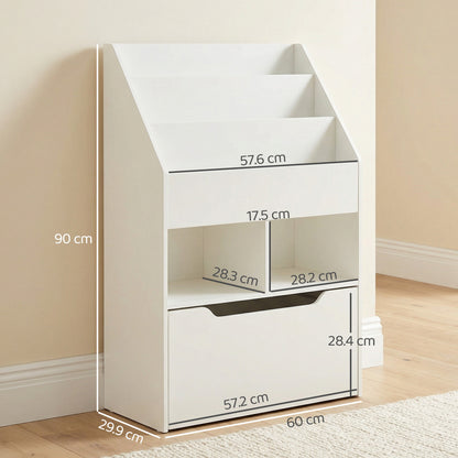 HOMCOM Kids Bookshelf, Toy Organiser, with Storage Drawer, Wheels - White