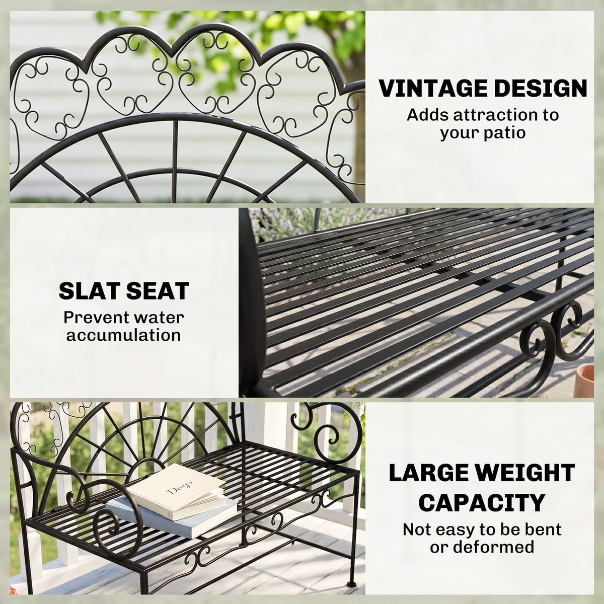 Outsunny Metal Garden Bench Loveseat with Slatted Seat, Black