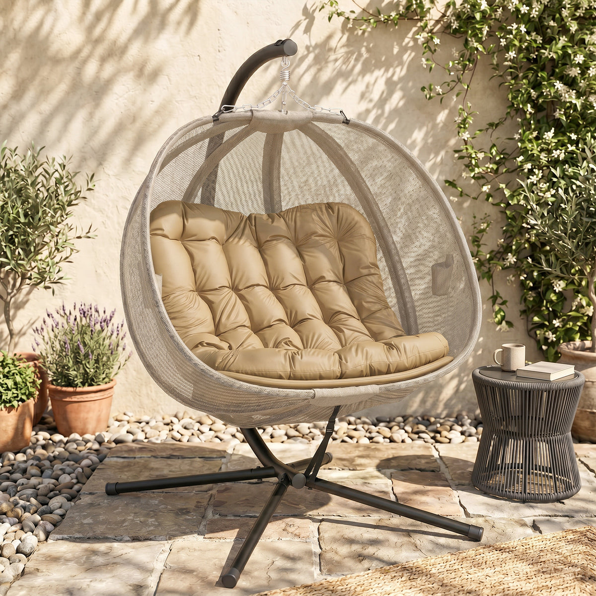 Outsunny Double Hanging Egg Chair 2 Seaters Texteline Swing Hammock Chair with Stand, Cushion and Folding Design, for Indoor and Outdoor, Brown