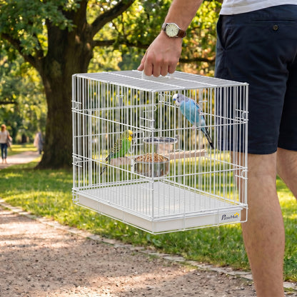 PawHut Bird Cage Foldable Portable Budgie Cage with Wooden Perch 2 Bowls for Travel 49 x 31 x 40 cm White