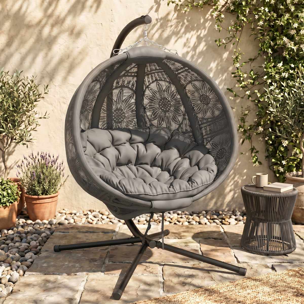 Outsunny Round Egg Basket Chair, with Steel Stand, Charcoal Grey