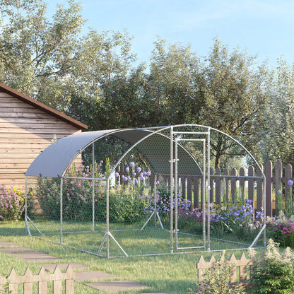 PawHut 2.8 x 3.8 x 2m Walk In Chicken Run Galvanised Chicken Coop with Water-Resist Cover, Silver