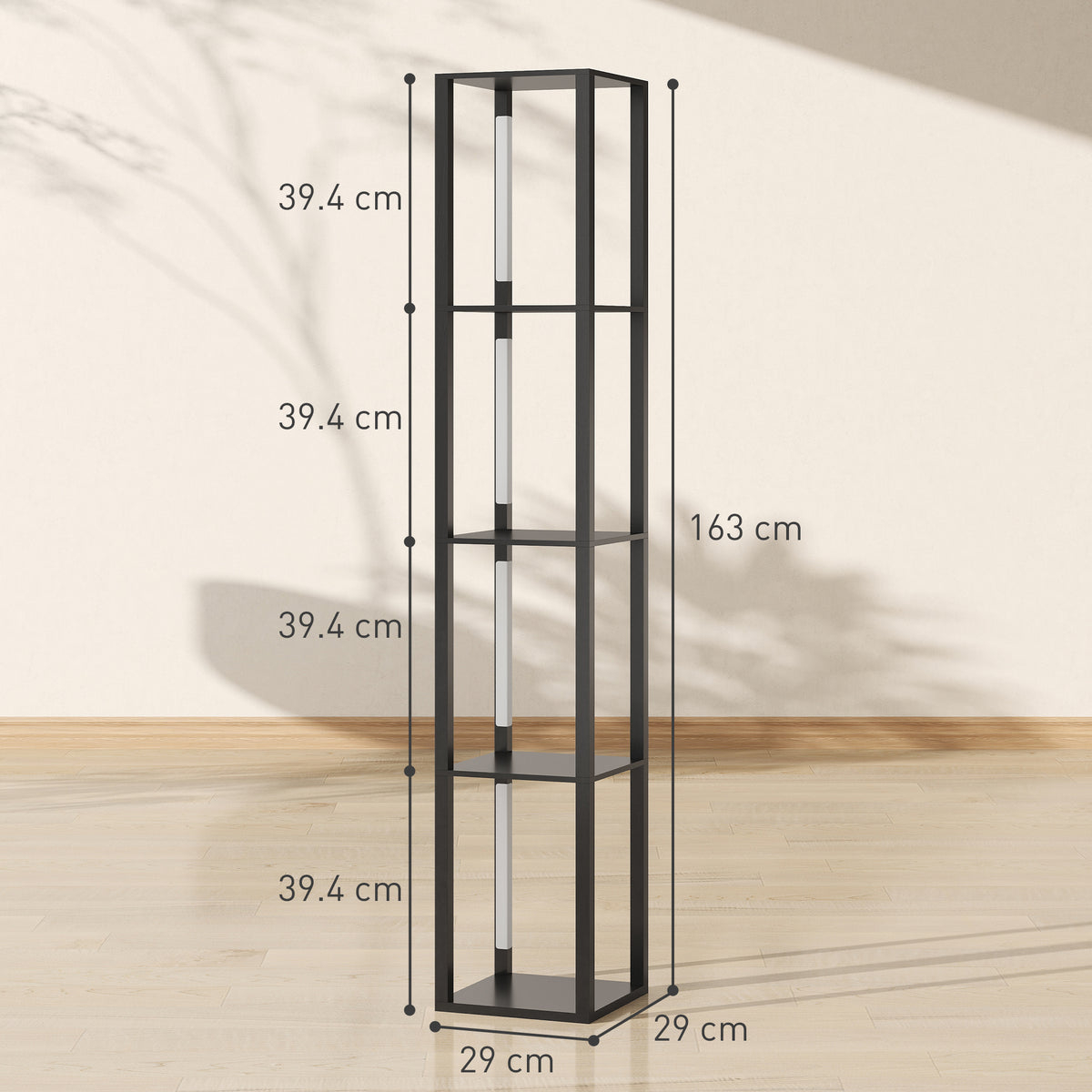HOMCOM LED Floor Lamp with Shelves, Modern Dimmable Standing Lamp with 3 Brightness Levels and Foot Switch for Living Room, Bedroom, Office, Black
