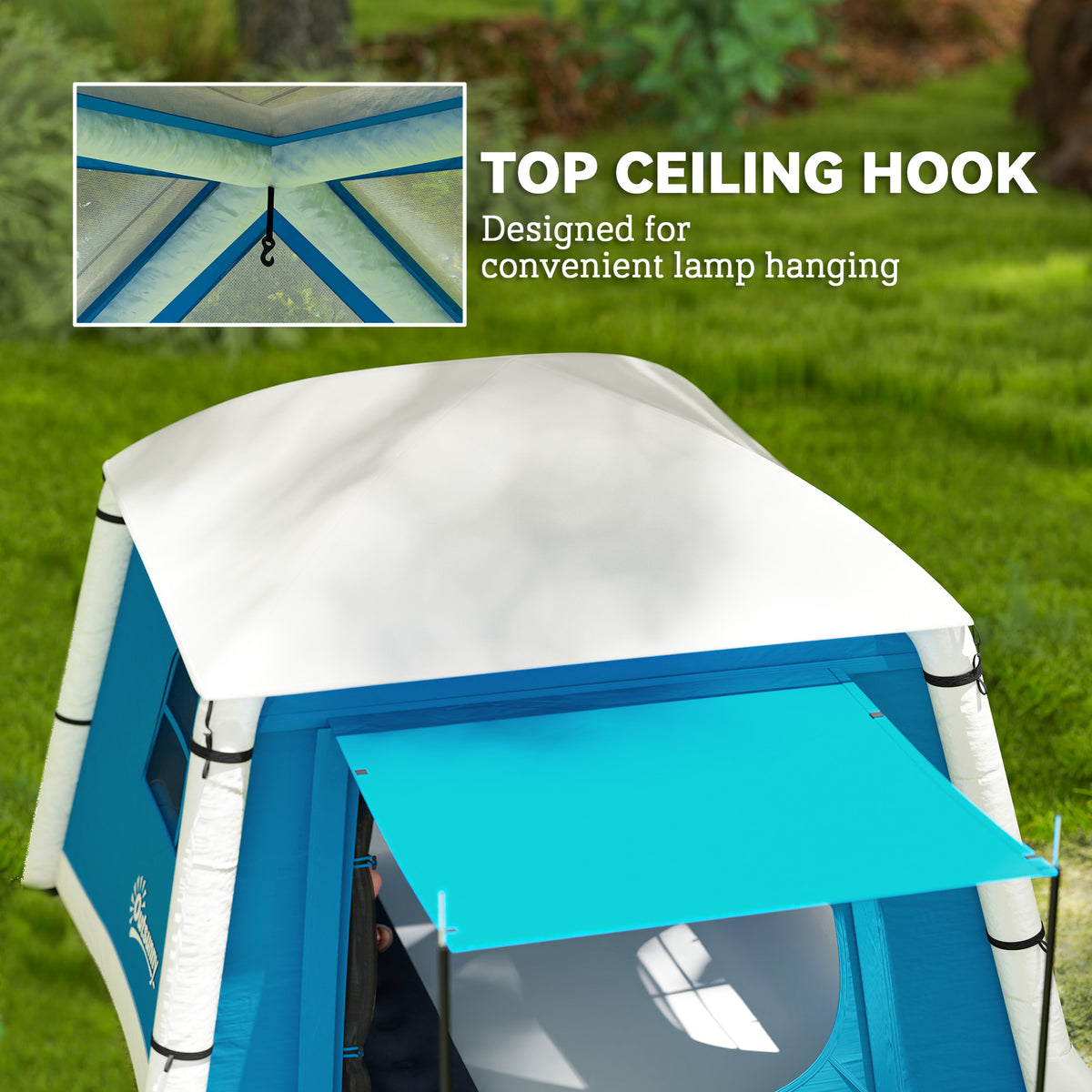 Outsunny Inflatable Camping Tent with Hand Pump, Easy Setup 1/2 Person Blackout Blow Up Tent, Light Blue
