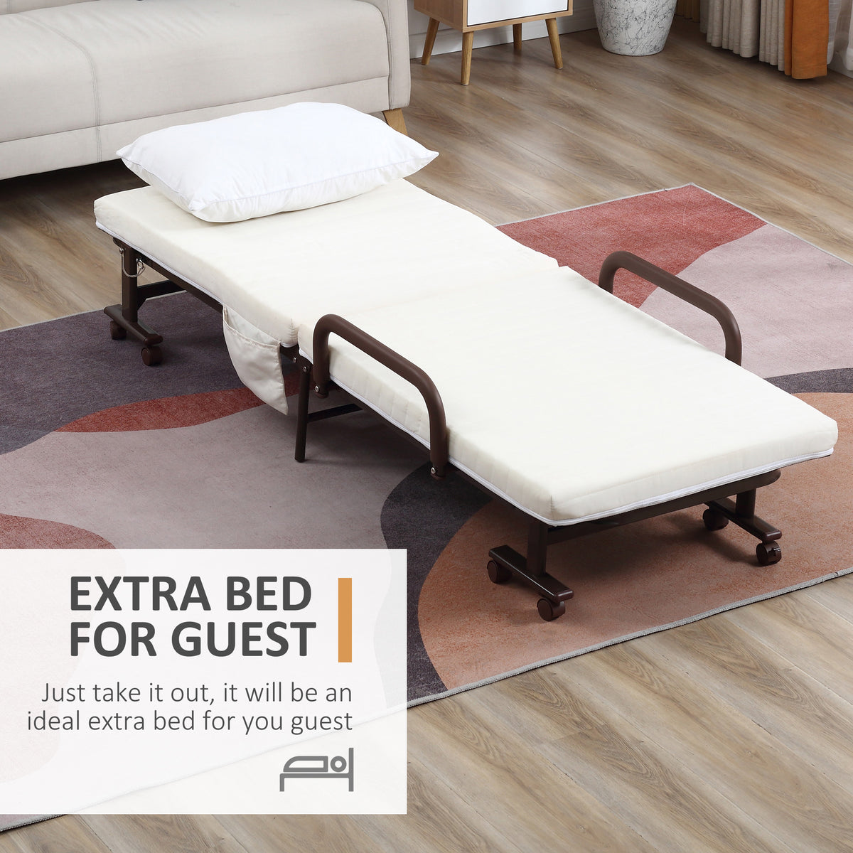 HOMCOM Folding Bed with Mattress, Single Guest Bed, Portable Fold Bed with Adjustable Backrest, White