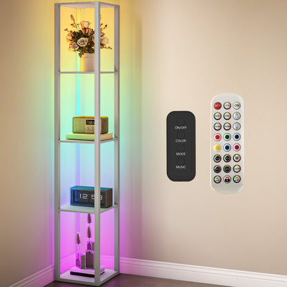 HOMCOM RGB LED Floor Lamp with Shelves, Modern Dimmable Standing Lamp with Remote Control, Adjustable Brightness & Speed for Living Room, Bedroom, Office, Grey