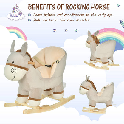 HOMCOM Kids Rocking Horse, Children Plush Ride On Donkey Animal Rocker w/ Sound, Wood Base Seat, Seat Belt, Baby Toy Rocker for Toddler 18 - 36 Months, Grey