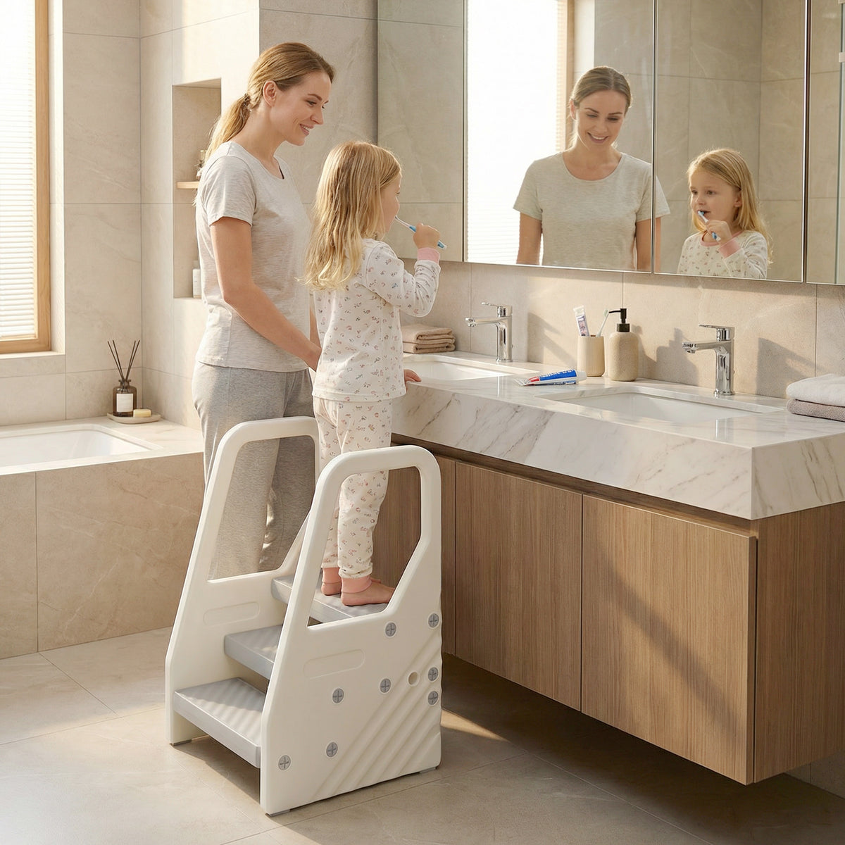 AIYAPLAY Adjustable 3 Step Toddler Tower with Handles, Non-slip Surface and Foot Pads, Grey