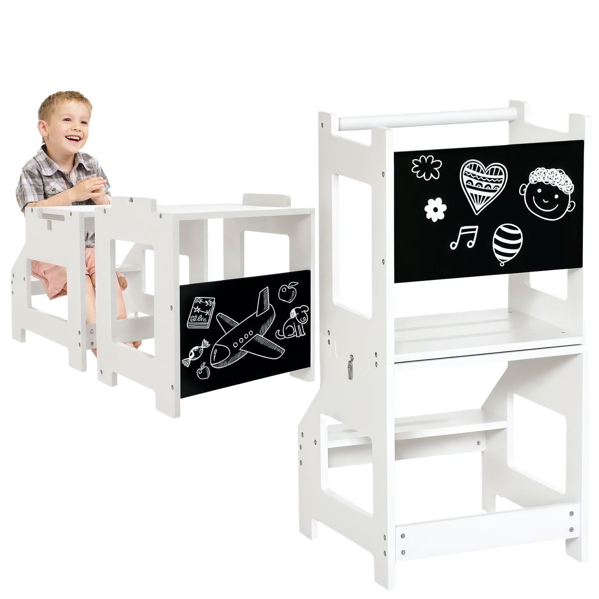 HOMCOM Toddler Learning Tower, 2 in 1 Toddler Step Stool for Kids with Chalkboard and Security Rail, Foldable Step Stool for Kitchen Bathroom, Ages 3-6 Years, White