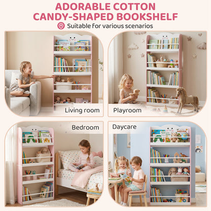 AIYAPLAY 4 Tier Kids Bookshelf, Children Bookcase with Anti-Tip Kit, Toddler Space-Saving Bookcase for Kids Room, Playroom, Pink