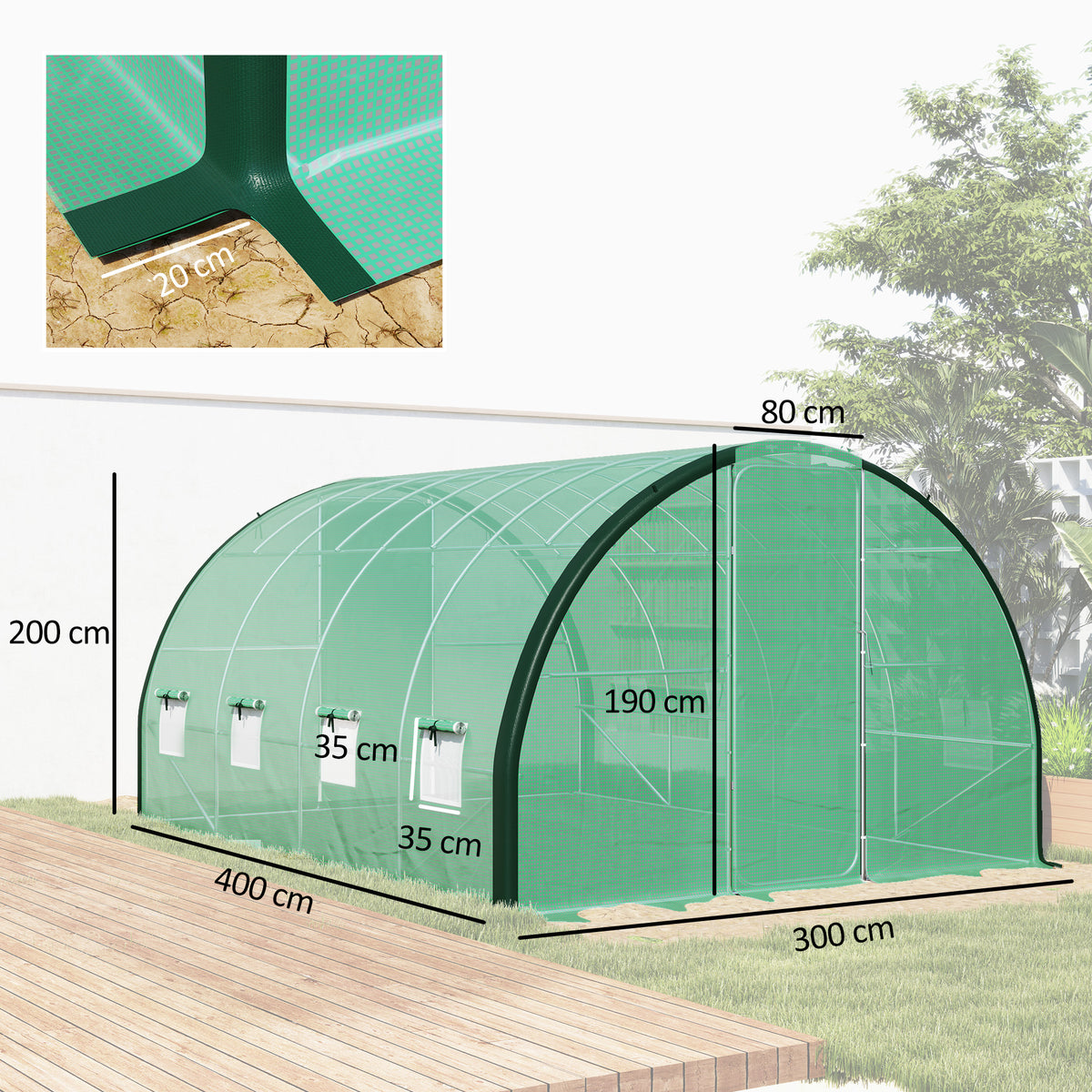 Outsunny 4 x 3 m Polytunnel Greenhouse, with Windows and Doors - Green