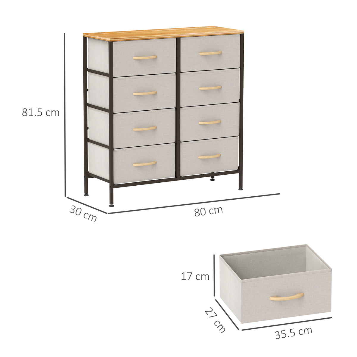 HOMCOM Fabric Chest of Drawers, Industrial Bedroom Dresser with 8 Fabric Drawers, Steel Frame and Wooden Top for Nursery, Living Room, Hallway, Cream White