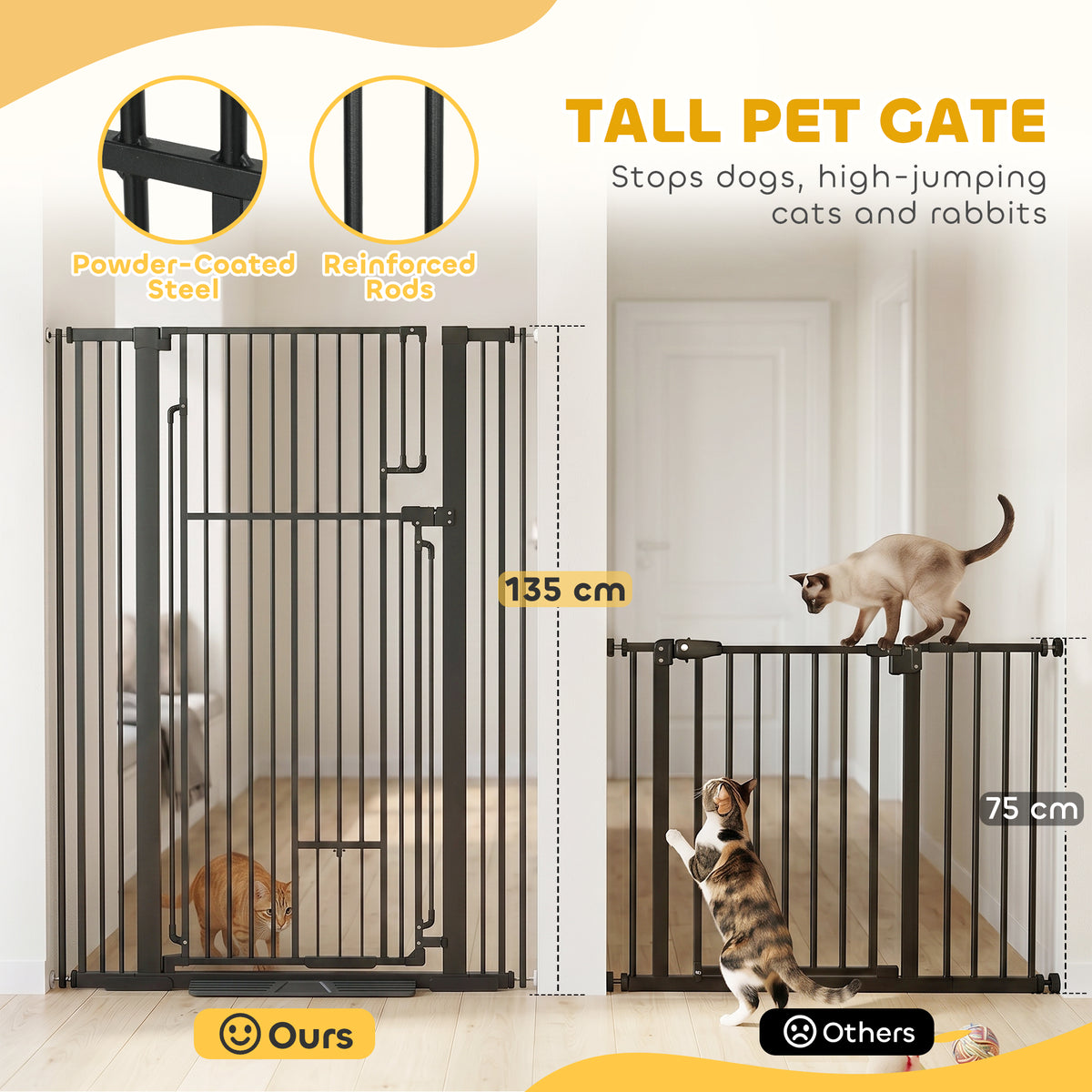 PawHut 135cm Extra Tall Dog Gate with Cat Door, Fits Openings 81-108 cm Pressure Mounted for Doorways, Hallways, No Drilling