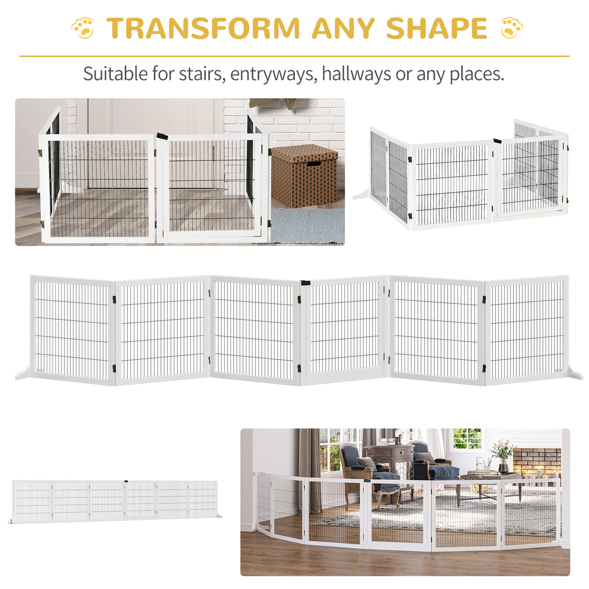 PawHut Wooden Pet Gate, Freestanding Dog Safety Barrier with 2 Support Feet, White