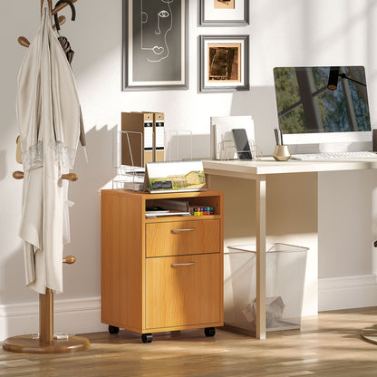 HOMCOM Filing Cabinet, Mobile File Cabinet with 2 Lockable Drawers, Office Home Organiser on Wheels for A4, Letter-Size File Folders, Mobile Printer with Open Shelf, Natural Wood Finish