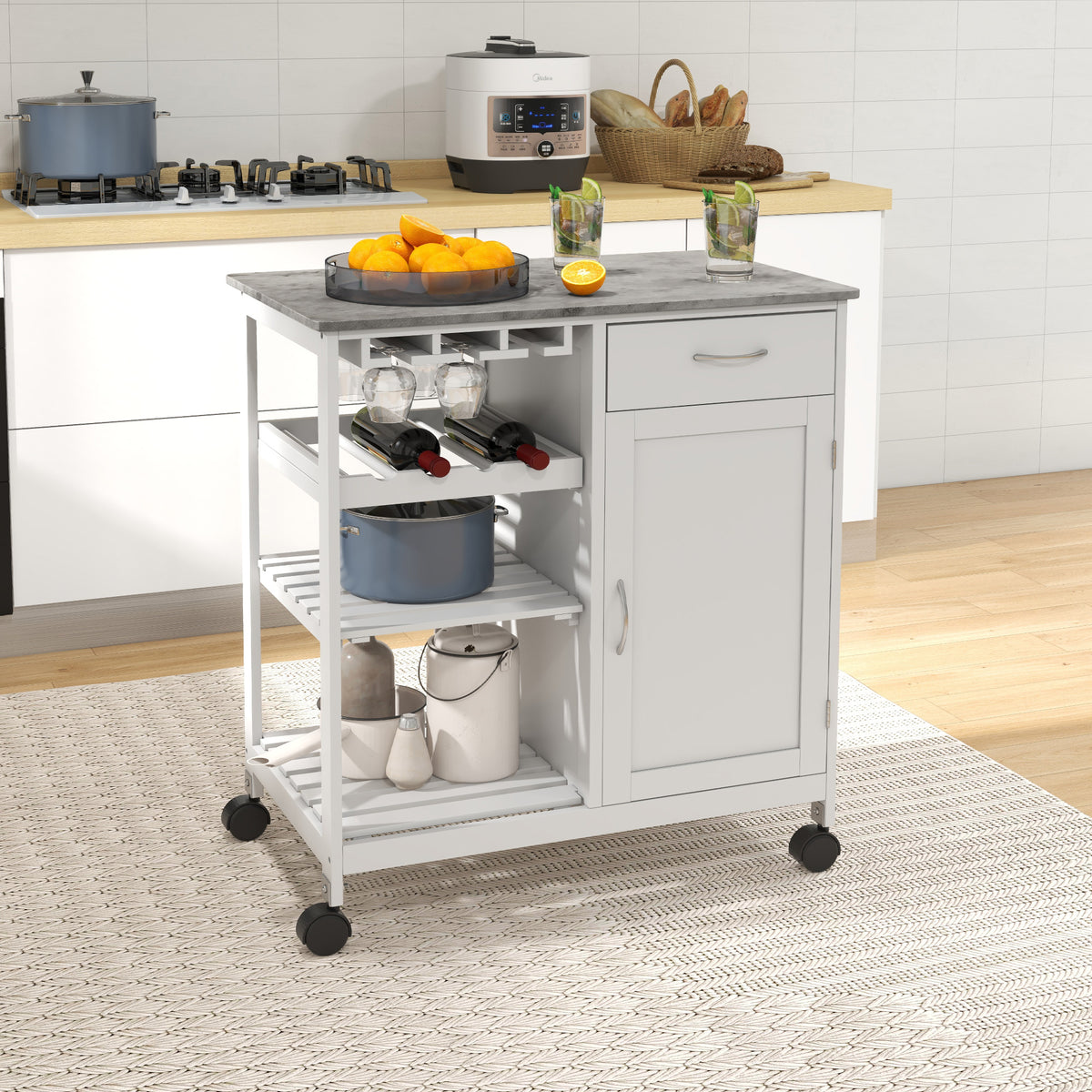 HOMCOM Kitchen Trolley with Wine Rack, Drawer, Open Shelf and Storage Cabinet for Dining Room, White