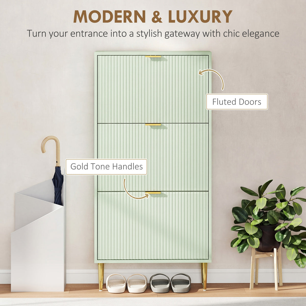 HOMCOM Elegant Three-Drawer Shoe Cabinet - Light Green