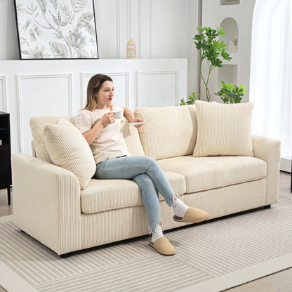 HOMCOM 3 Seater Sofa, 212cm Corduroy Couch with Spring Cushion, Wide and Deep Seat, Plush Backrest, 2 Pillows, Sofa Settee for Living Room, Home Office, Cream White