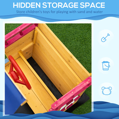 Outsunny Sand Pit, Kids Wooden Sandbox Pirate Ship, Sandboat Play Station with Canopy Shade, Storage Bench and Bottom Liner for Outdoor Garden