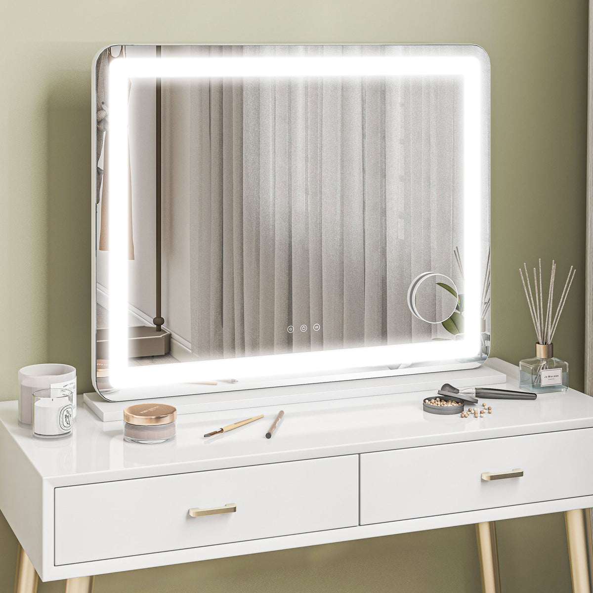 HOMCOM Vanity Mirror with Lights, Large 80x62 cm Lighted Makeup Mirror with 3 Colour, 10X Magnifying, USB Charging Port, Touch Screen, Tabletop or Wall Mounted Design, White