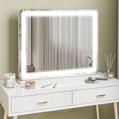 HOMCOM Vanity Mirror with Lights, Large 80x62 cm Lighted Makeup Mirror with 3 Colour, 10X Magnifying, USB Charging Port, Touch Screen, Tabletop or Wall Mounted Design, White