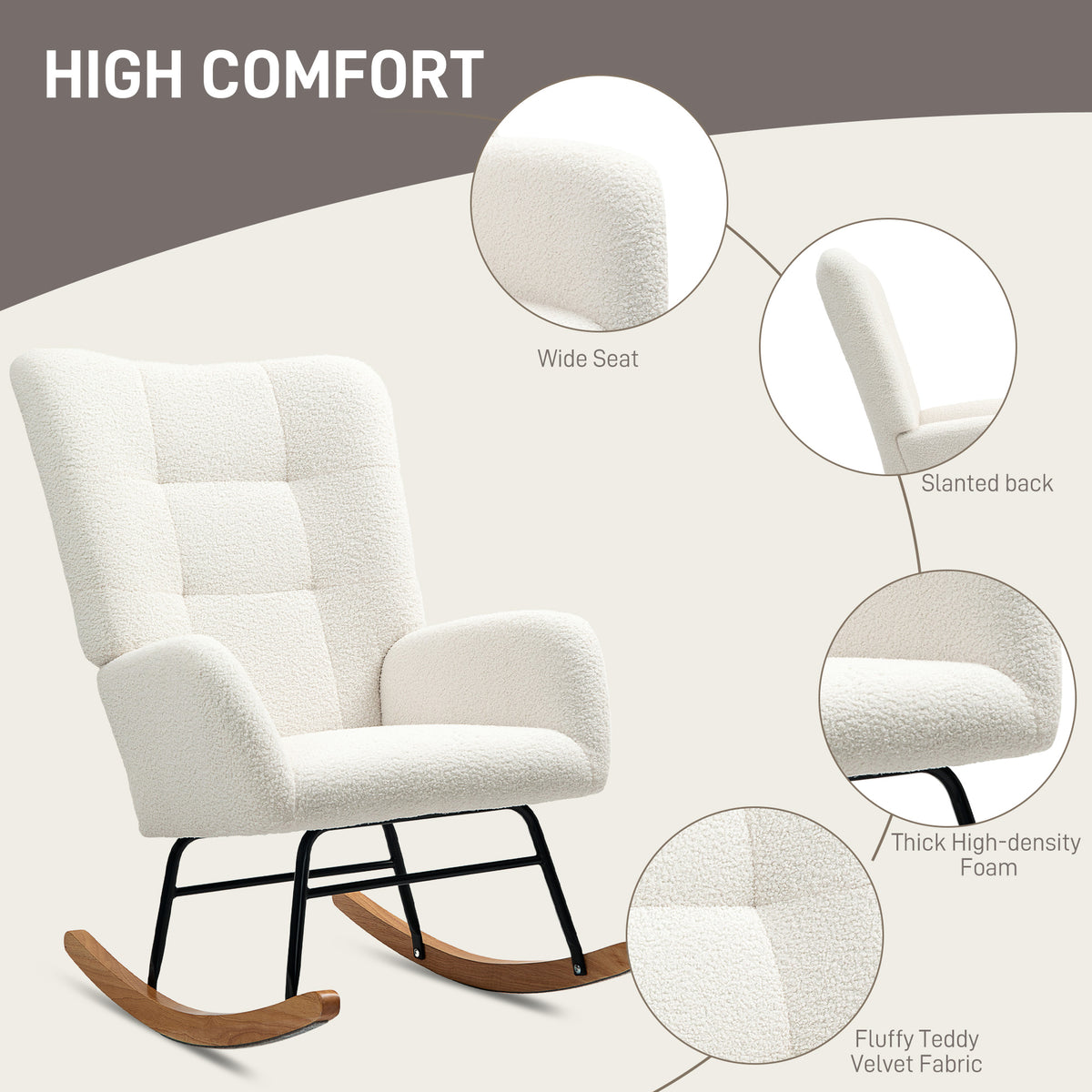 HOMCOM Teddy Fleece Rocking Chair - Cream White