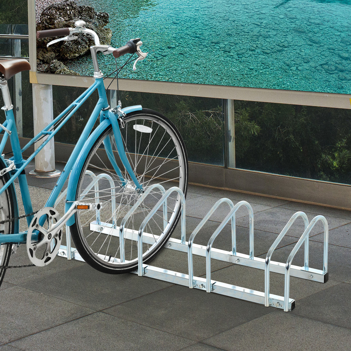 HOMCOM Bike Stand Parking Rack Floor or Wall Mount Bicycle Cycle Storage Locking Stand 145W x 33D x 27H (5 Racks, Silver)