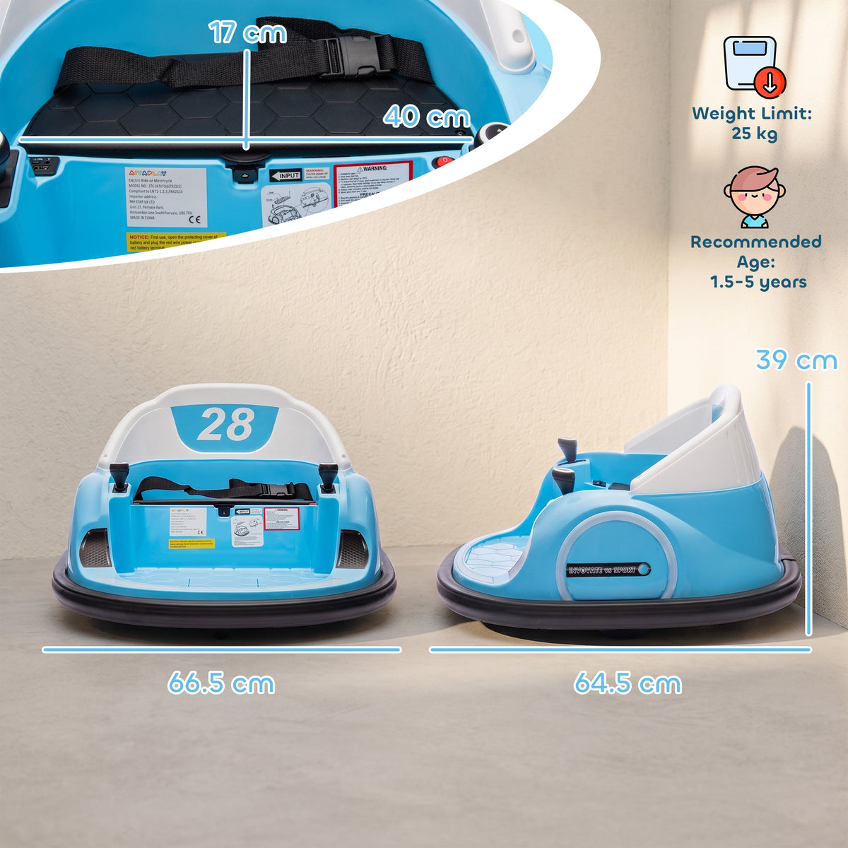 AIYAPLAY 360° Rotation Kids Bumper Car, 12V Waltz Car with Remote Control, Dual Joystick, Music, Lights, Light Blue