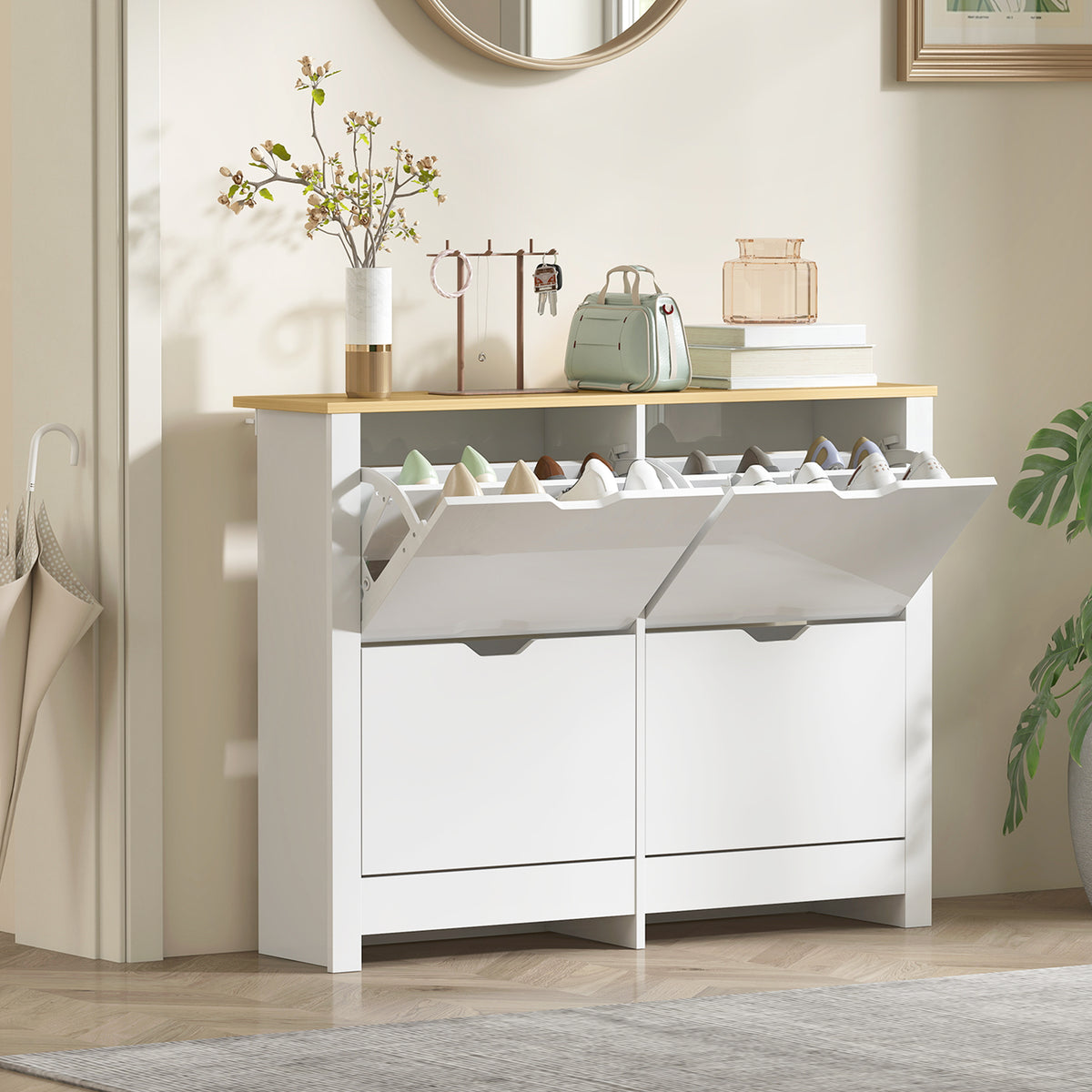 HOMCOM Slim Shoe Cabinet, Narrow Shoe Cupboard with 4 Flip Drawers, Adjustable Shelves for 16 Pairs of Shoes, White