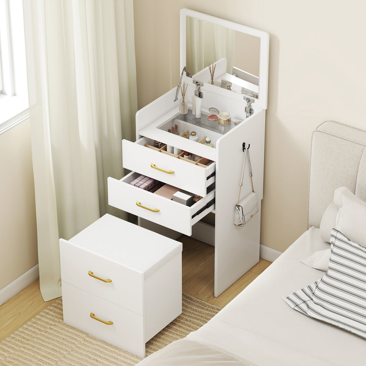 HOMCOM Compact Dressing Table and Stool Set, with Storage - White