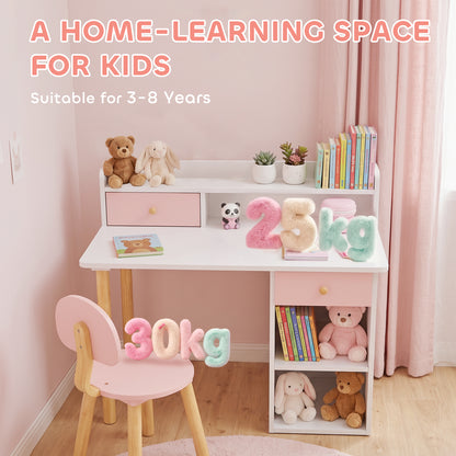 AIYAPLAY 2 Pieces Children Study Table with Hutch, Kids Desk and Chair Set with Storage, Drawer, Shelves, Pink