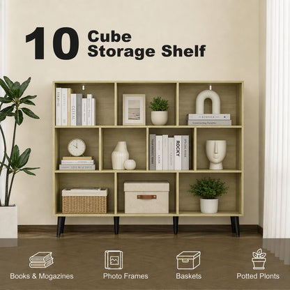 HOMCOM 10-Cube Bookcase, 3-Tier Book Shelf with Solid Wood Legs, 140 cm Modern Bookshelf with Anti-Tip Kit, Oak
