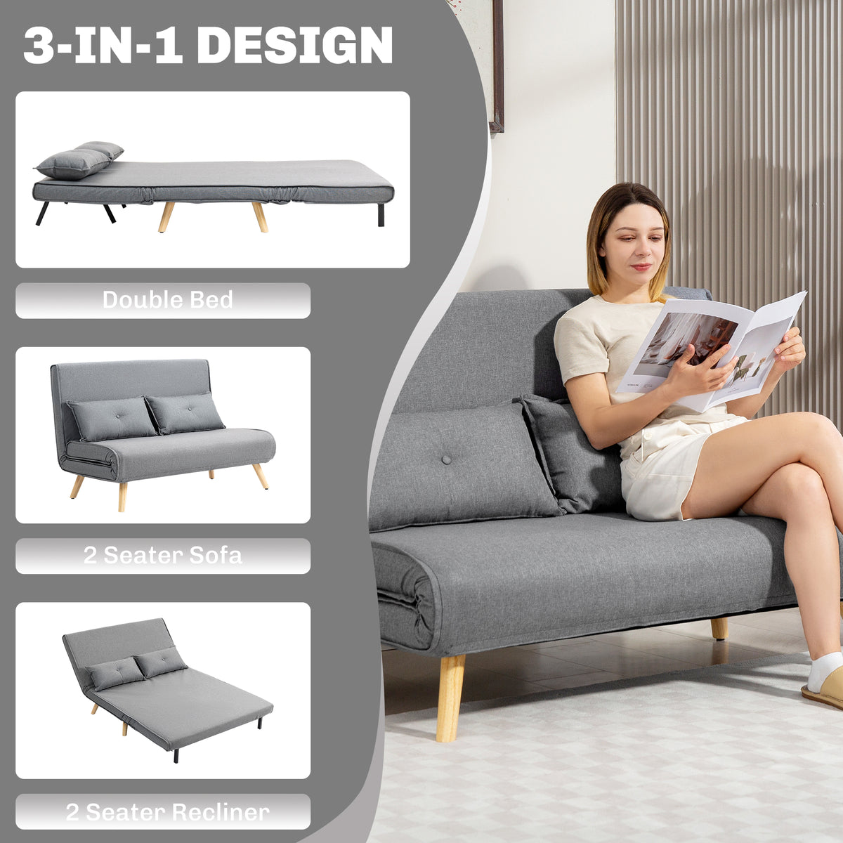HOMCOM Two-Seater Linen-Look Sofa Bed - Grey