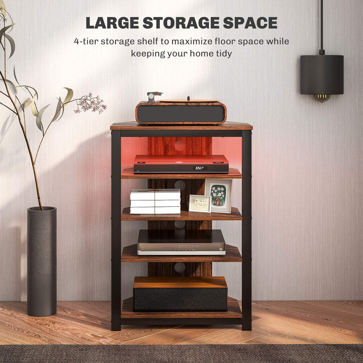 HOMCOM 4-Tier Corner TV Stand with Storage, LED Lights, Cable Management, Small Entertainment Centre for TVs up to 29", for Living Room, Bedroom, Brown Wood Effect