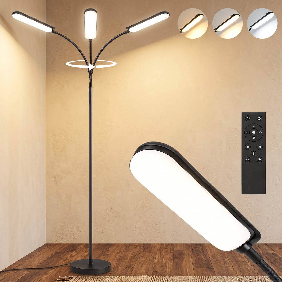 HOMCOM LED Floor Lamp, Standing Lamp with Remote & Touch Control, Stepless Dimmable Colours Temperature & Brightness, 360° Adjustable Gooseneck, 1 Hour Timer, Memory Function for Living Room, Black