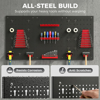 HOMCOM 28 Pcs Wall-Mounted Pegboard with 3 Boards, Garage Tool Storage Unit Black and Red