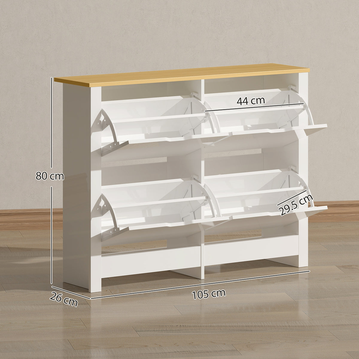 HOMCOM Slim Shoe Cabinet, Narrow Shoe Cupboard with 4 Flip Drawers, Adjustable Shelves for 16 Pairs of Shoes, White