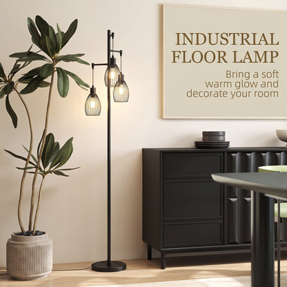 HOMCOM 3-Light Floor Lamp, 170cm Industrial Dimmable Standing Lamp with Steel Wire Cage Lampshades for Living Room, Bedroom, Dining Room, Study, Bulb Not Included, Black