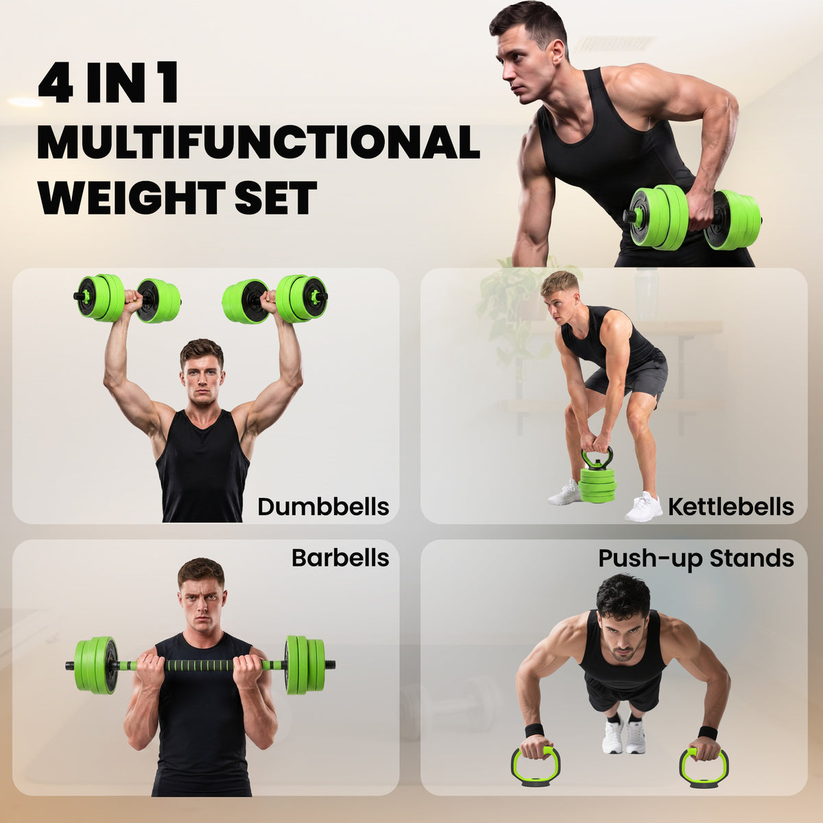 SPORTNOW 30kg 6-In-One Adjustable Weight Dumbbells Set, Barbell, Kettlebell, Push Up Stand - Green