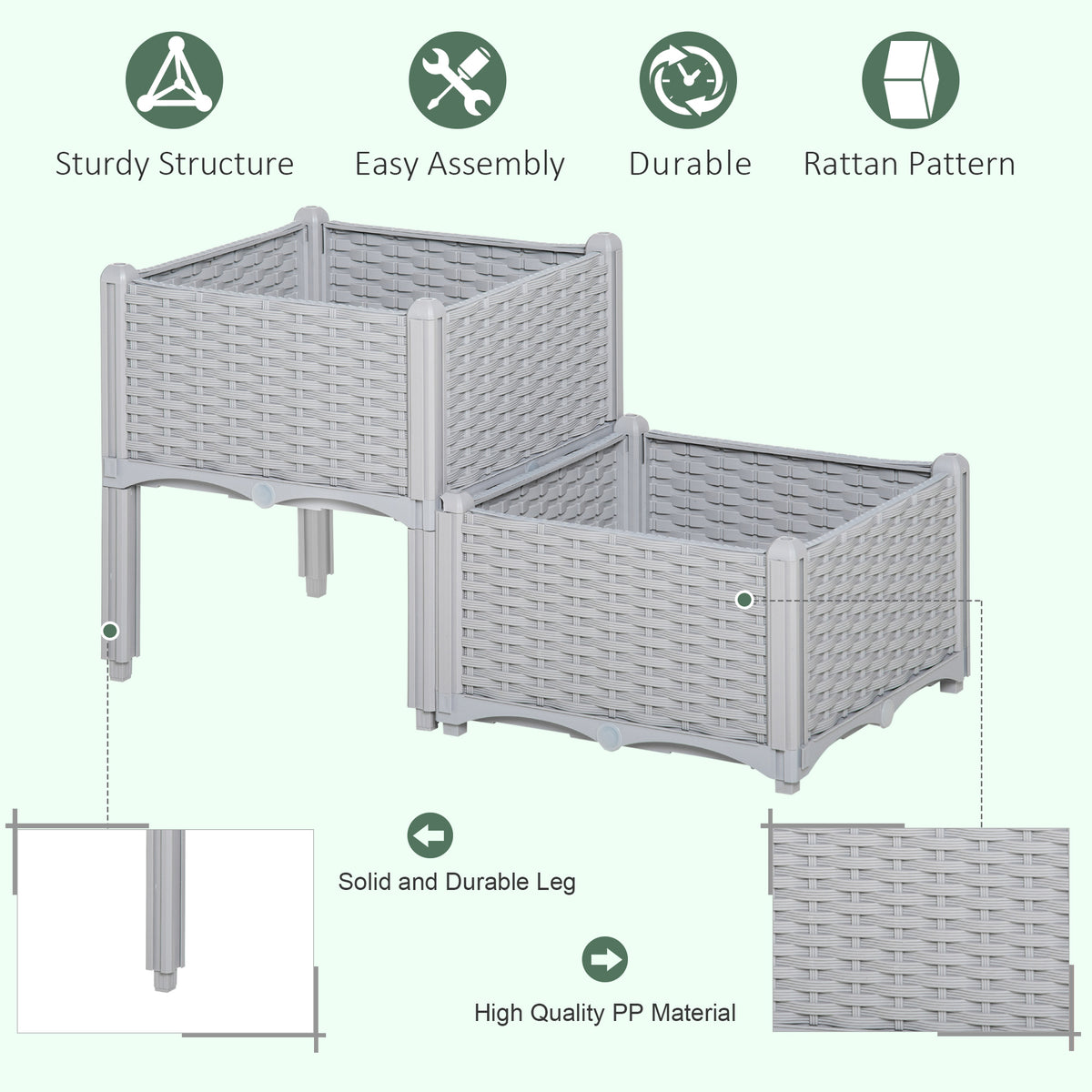 Outsunny Set of Two Rattan-Effect Planters - Grey