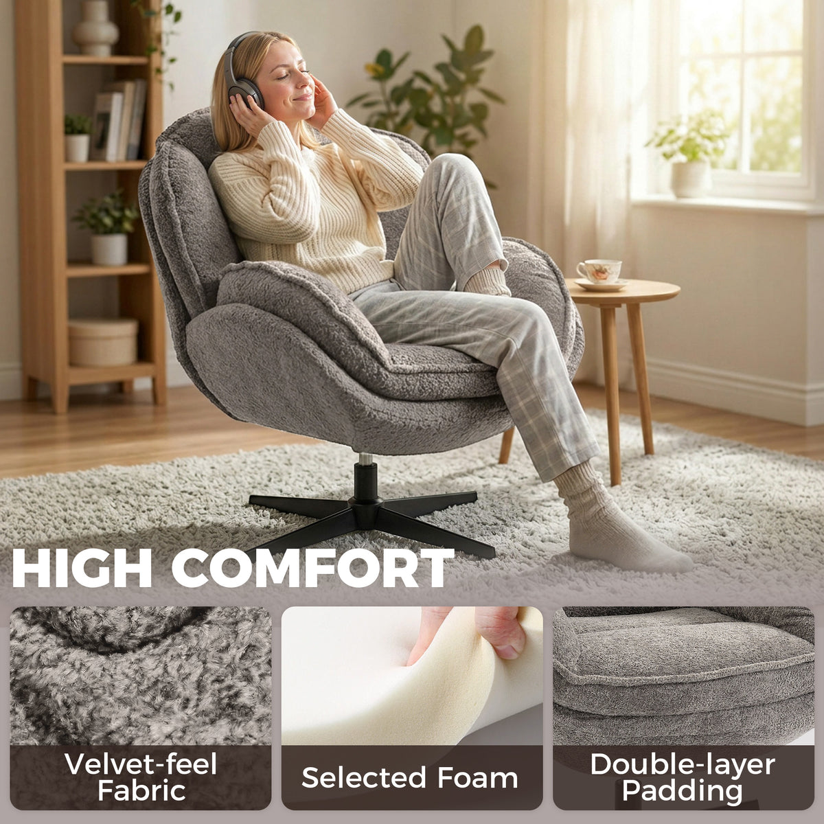 HOMCOM Modern Wingback Accent Chair, Velvet Armchair with Four-Star Base, S-Springs, Swivel, Grey