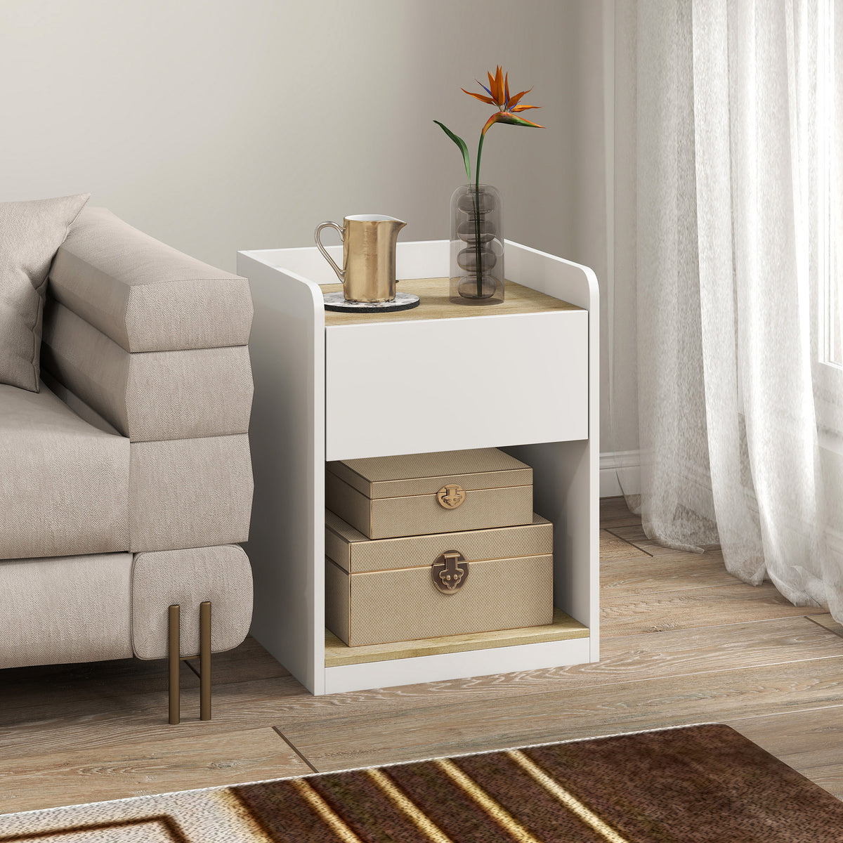 HOMCOM Modern Bedside Table, Slim Nightstand with Drawer, Shelf and Cable Holes, White and Oak