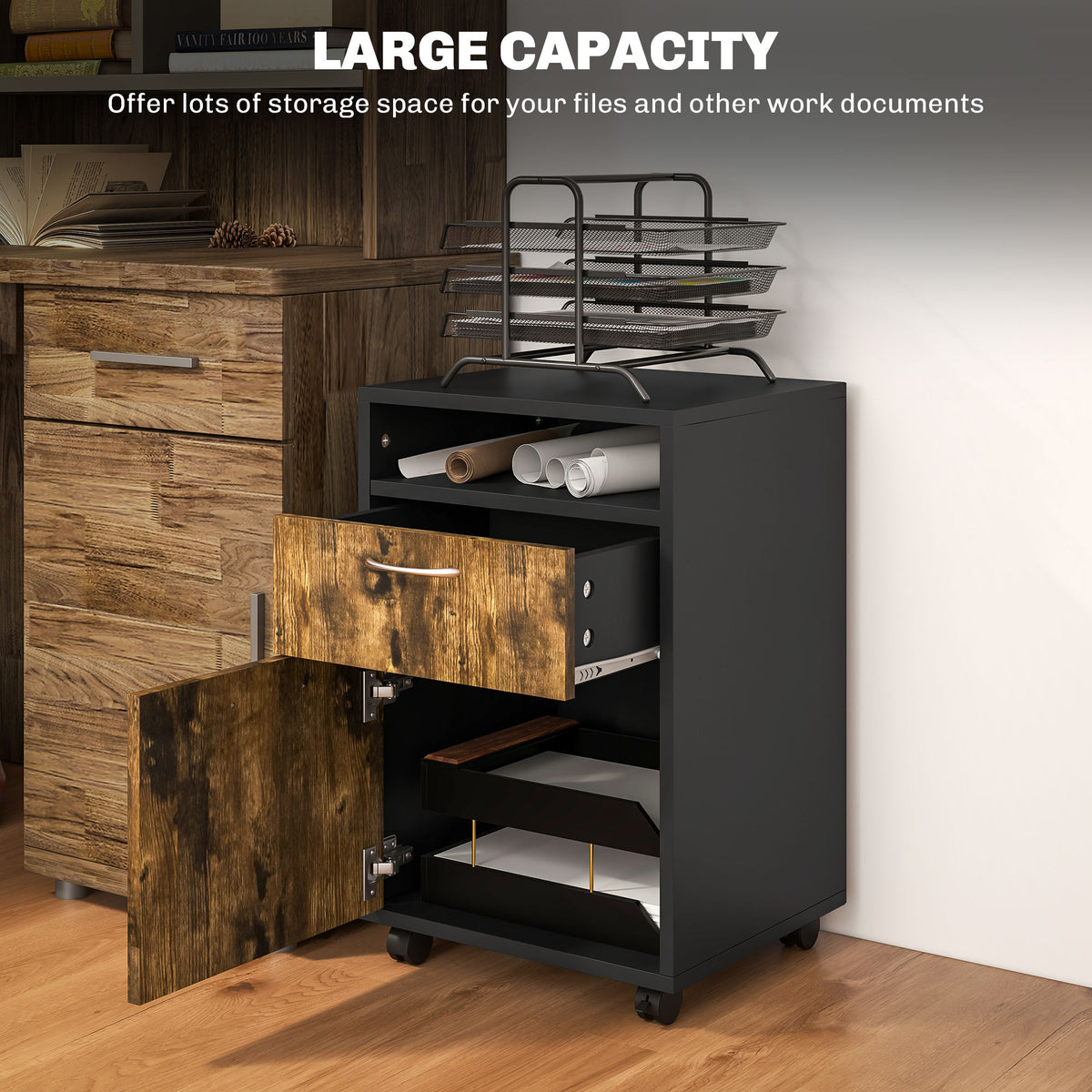 HOMCOM Filing Cabinet, Mobile File Cabinet with 2 Lockable Drawers, Office Home Organiser on Wheels for A4, Letter-Size File Folders, Mobile Printer with Open Shelf, Rustic Brown