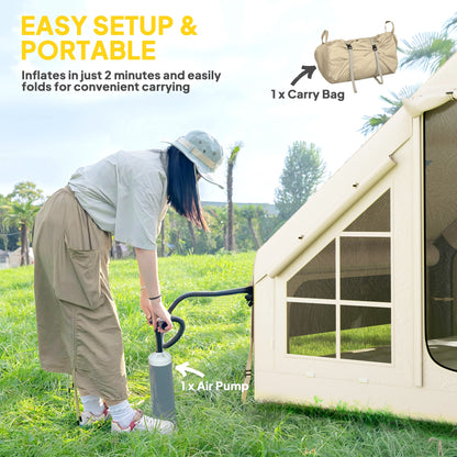 Outsunny Inflatable Camping Tent with Pump, Stove Jack Hole, Easy Setup 2-4 Person Family Blow Up Tent, Waterproof Glamping Luxury Inflatable Tent, Mesh Windows, Doors, Hook, Carry Bag, Beige