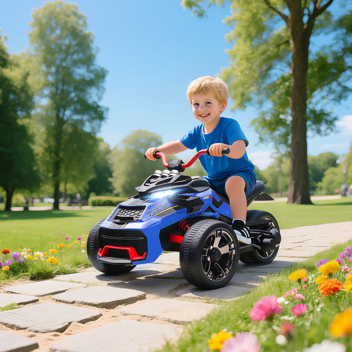 AIYAPLAY 12V Kids Electric Ride On Car with 3 Wheeler, MP3 Player, Horn, 2 Speeds, LED Lights for Boys & Girls Ages 3-8, Blue